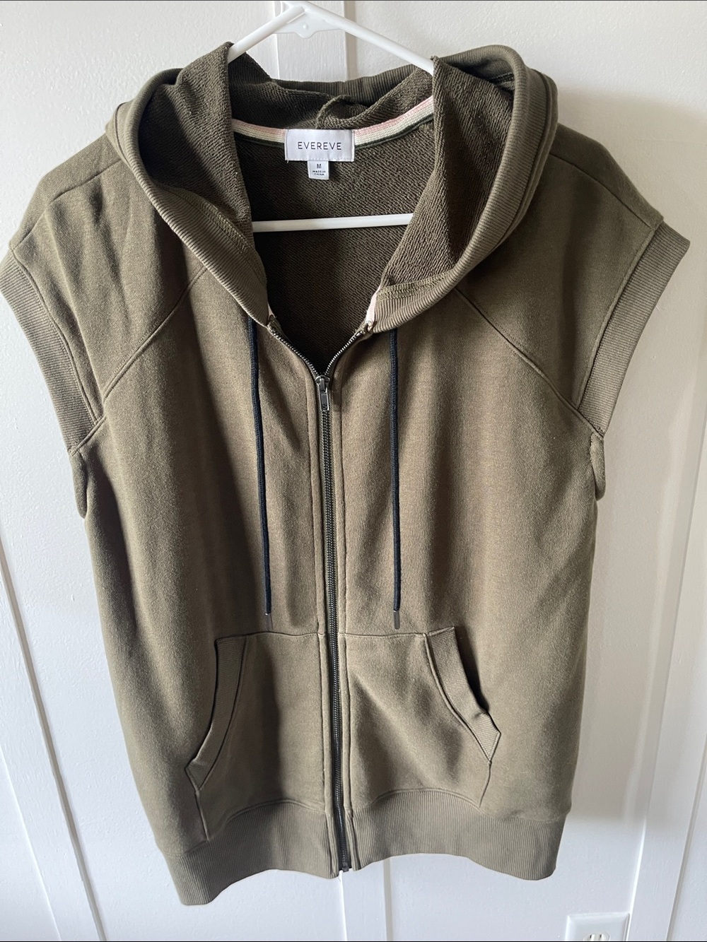 Evereve Olive Hooded Sleeveless Zip Vest